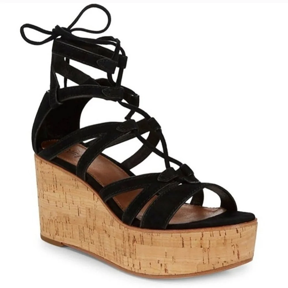 Frye "Heather Gladiator" Platform Wedge Sandal Leather Black | Women's Size 6.5 - Picture 3 of 14